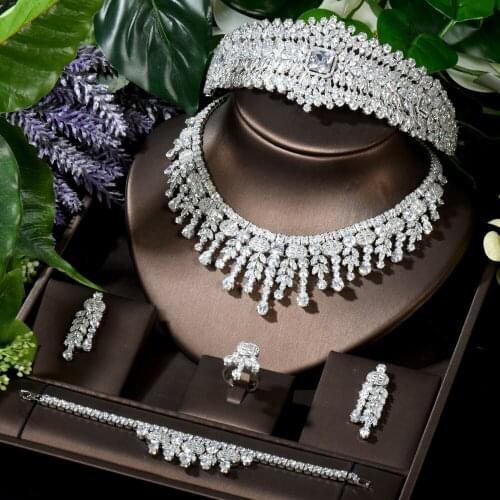 HIBRIDE Sparkling Cubic Zirconia Tassel Pendants Necklace Sets Headdress Crown Wedding Party Dress Accessories Women Gift N-1614