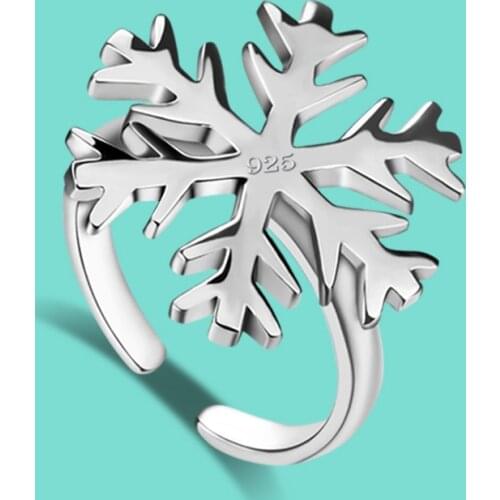New Womens 925 Silver Ring Chic Snowflake Design Open Ring Fine Jewelry Cocktail Party Ring Gift