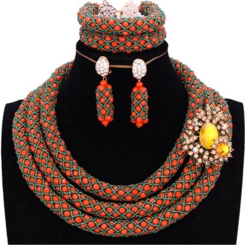 African Dubai Bridal Jewelry Set Green and Orange 3 Layers Antique Bridal Necklace Set Bracelet Earrings Jewellery Set Free Ship
