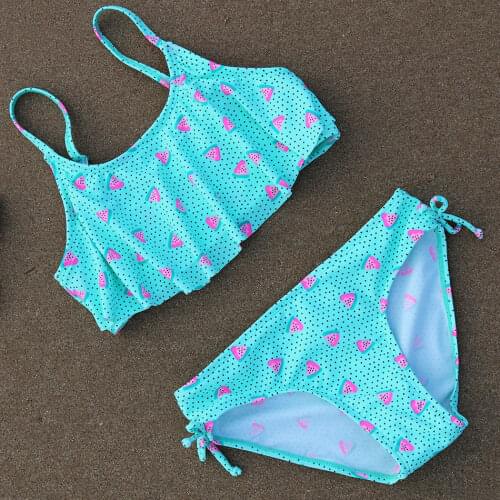 Girl Swimsuit Swimwear Flounce Two Piece Childrens Swimwear Watermelon&Dot Print Teenage Girl Bikini Set Girl Bathing Suit 2021