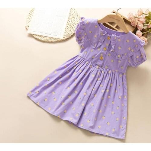Summer dress Girls Dress Floral Print Ruffled Collar Puff Sleeve Purple Kids Ruffled Collar Dress kids clothes girls vestido
