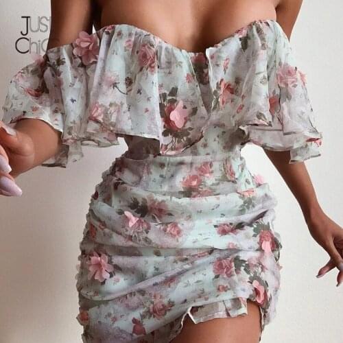 Justchicc Ruffles Print Floral Sexy Mini Dress Off Shoulder Slim Beach Summer Mini Dress 2021 Short Sleeves Women Sexy Dress