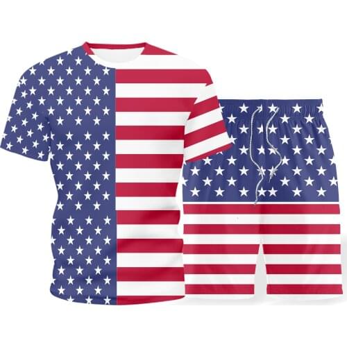 2021 Summer New Fashion Men Set National Flag Printing Short Sleeve + Shorts Two-Piece Men O-Neck Oversized T-Shirt Sportswear