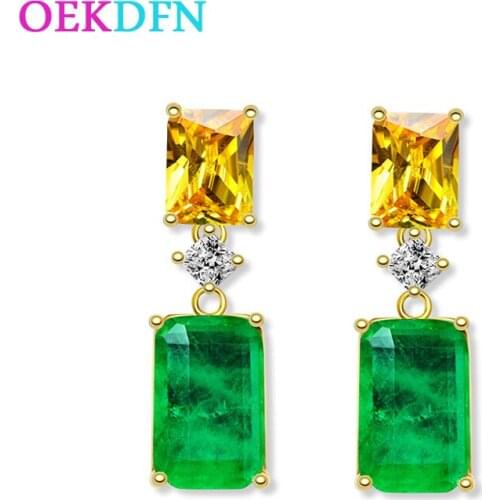 OEKDFN Vintage 100% 925 Sterling Silver Earrings Emerald Citrine Gemstone Birthstone Drop Dangle 18K Earrings Fine Jewelry Women