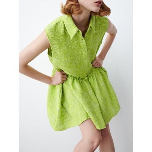 ZA dress 2021 summer new womens clothing sweet lapel sleeveless hem laminated decorative texture short dress