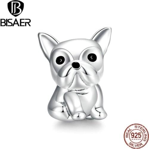 BISAER Cute Bulldog Charms 925 Sterling Silver Animals Puppy Beads Pendant For Bracelets Necklace 2020 Jewelry ECC1599