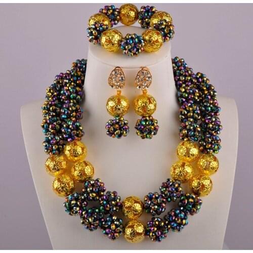 Multicolors Plated Ball Beads African Beaded Crystal Weddding Jewelry Sets Nigerian Necklace Sets