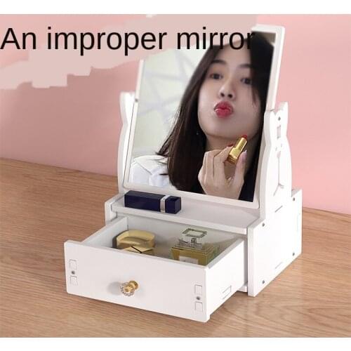 HD Makeup Mirror Desktop Cute Makeup Mirror Plastic Square Princess Mirror Rotatable Large Mirror with Drawer