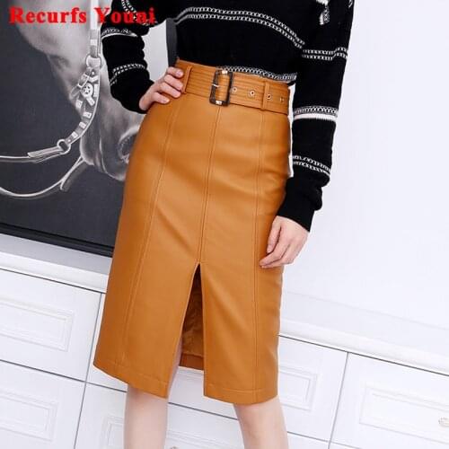 2021 Spring New Genuine Leather Skirt Women Female Vertical Stripes Thin High Waist Jupe Mujer Split Mid-Length Ginger Saias
