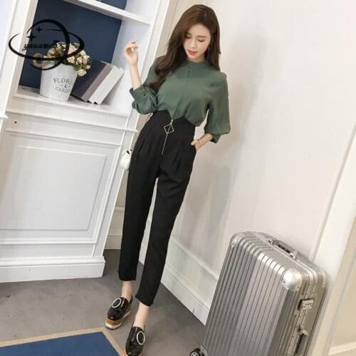 Yauamdb Women Clothing Set Spring Autumn S-xl Female Suits Short Sleeve Blouses+zipper Haren Pants 2pcs Solid Ladies Clothes Y75