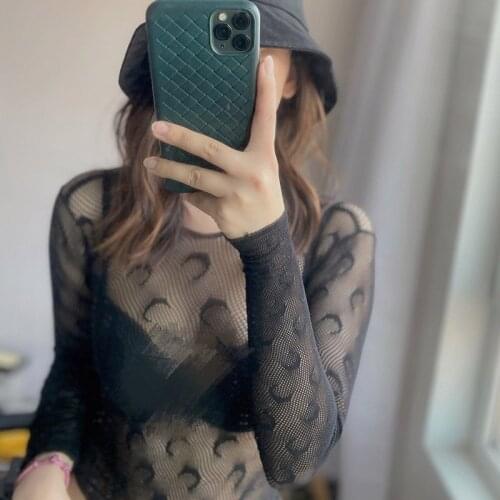Women Sexy Mesh Tshirt Female See Through Fashion New Moon Tops Long Sleeve Skinny High Streetwear Fishnet Transparent T-shirts