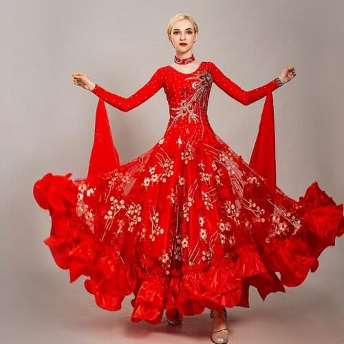Red Embroidered Rhinestone Ballroom Women Dance Dress Waltz Tang Clothing Ladies Festival Performance Dancing Dresses DL5253