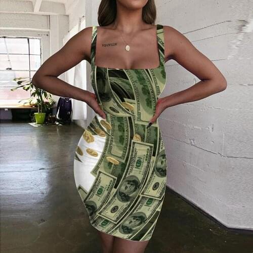 KYKU Brand Money Dresses Women Dollar 3d Print Harajuku Bodycon Dress Novel Halter Sleeveless Womens Clothing Summer New
