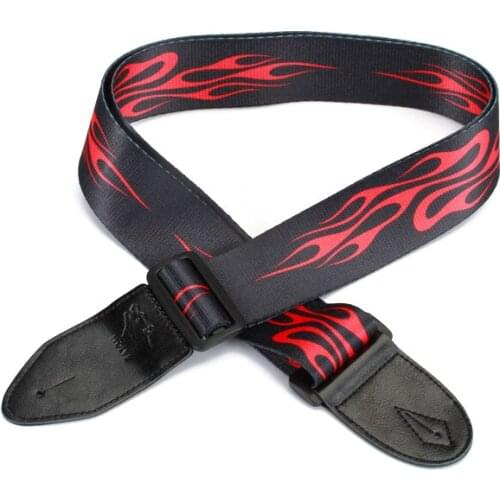 2x Comfortable Adjustable Buckle Guitar Strap W/ Red Flame Print Leather Ends