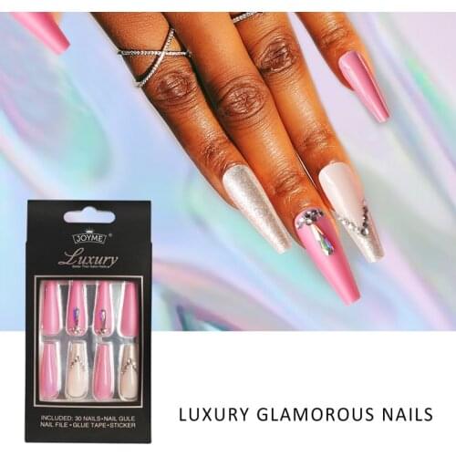 30Pcs/Box Extra Long Press on Nails Ballerina Coffin False With Rhinestones Full Cover Fake Nails Artificial Acrylic Nails