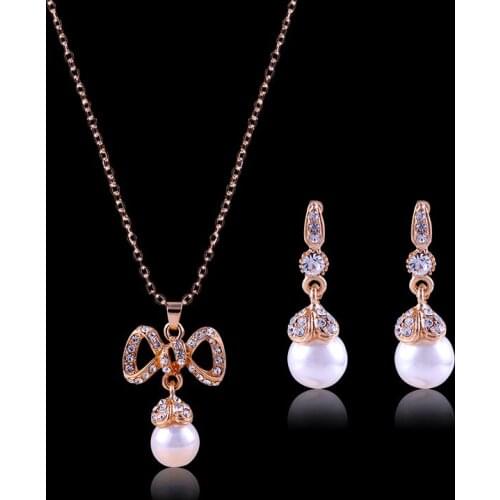 Bohemian Elegant Pearl Rhinestone Inlaid Metal Bowknot Pendent Earrings Necklace Set Korean Neck Ear Jewelry Sets for Women Girl