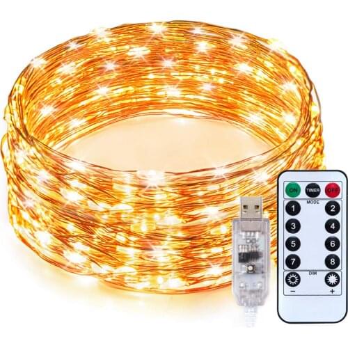 33ft 100 LEDs USB Powered Warm White Dimmable Copper Wire String Lights,8 Lighting Modes,15 brightness levels, Remote Control
