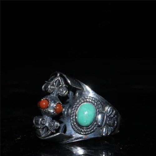 Collection Chinese Handmade Buddhist Instruments Tibet Silver Inlaid With Natural Turquoise Ring Exquisite Jewelry