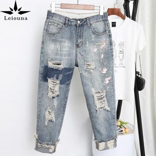 Leiouna Loose Slim Fitted Vintage Blue Harem Pants Jeans Lady Hole Embroidery Denim Plus Size Womens Embroidered Jeans Pantalon