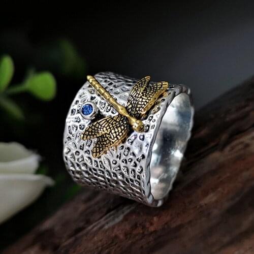 Fashion Vintage Dragonfly Ring Electroplating Thai Silver Gold Dragonfly with Sea Blue Stone Wide Ring Wedding Party Jewelry