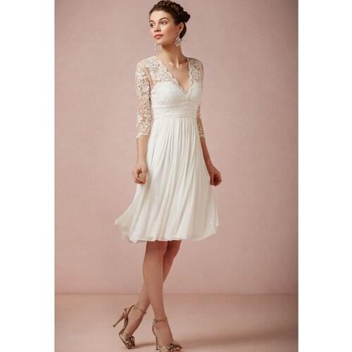 Fashion Knee-Length Wedding Dresses Three Quarter Sleeve Lace Appliqued Bridal Gowns