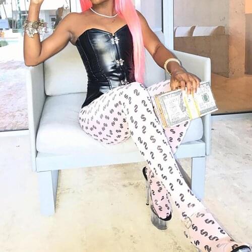 Fashion Women Sexy Slim Pants Dollar Sign Print Skinny Pant Leggings Elastic Trouser with Sock