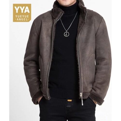 Mens Winter Slim Fit Short Shearling Jacket Real Wool Lining Office Work Coat Biker Man Suede Leather Outwear Coats Plus Size