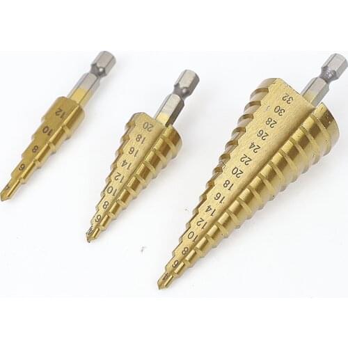 Hss Step Cone Taper Drill Bit Set Hole Cutter Metric 4-12/20/32mm 1/4" Titanium Coated Metal Hex Bits