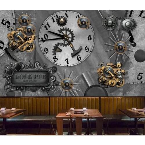Home improvement 3D mural wallpaper Metal wind gear clock wallpapers on the wall Bar restaurant mural