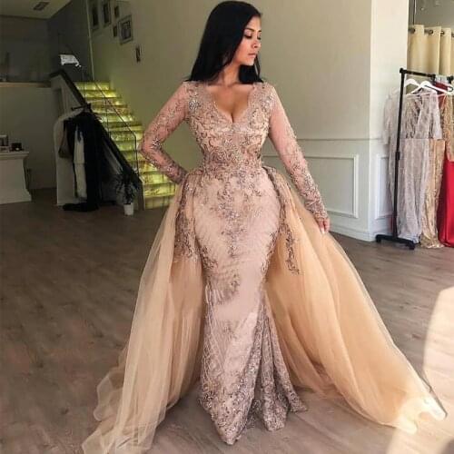 New Elegant Lace Mermaid Prom Evening Dresses V Neck Long Sleeves Tulle Applique Floor Length Evening Gowns Plus Size