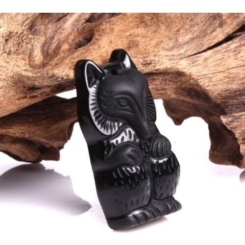 Obsidiantm Charming Chinese Handwork Black Obsidian Hand-Carved Lucky Fox Amulet pendant necklace woman mans Jewelry charm