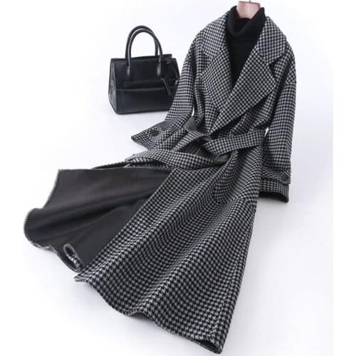 Women Slim Belt Turndown Collar Coats Fashion Vintage Plaid Wool Coat Ladies Korean Autumn Winter Warm Womens Outerwear X183
