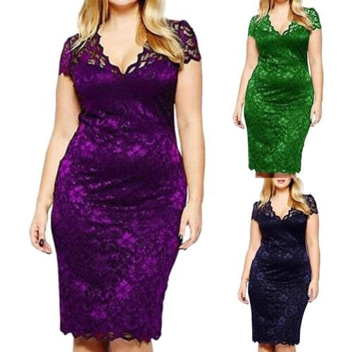 Dress Womens Fashion Women Sexy Lace Hollow Out Deep-V Short Sleeve Fit Party Midi Dress Cotton + Spandex Plus Size M-4XL