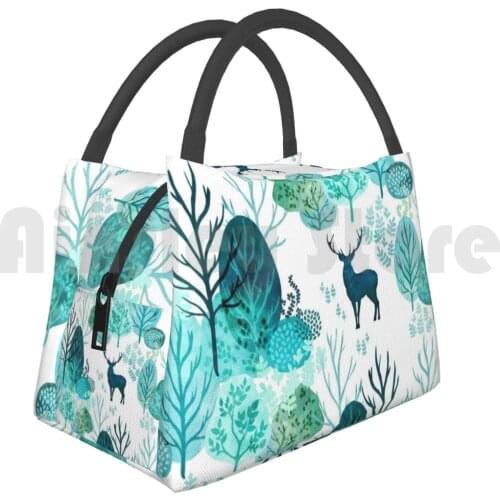Portable Insulation Bag Emerald Forest Deer On White Turquoise Leaves Seamless Watercolor Landscape Trees