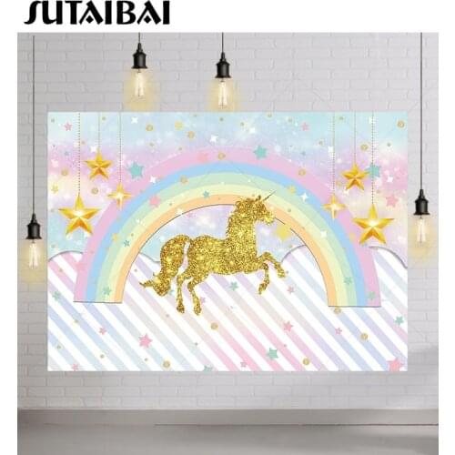 Rainbow Unicorn Backdrop Girl Birthday Party Photo Background Golden Glitter Star Stripes Pink Baby Shower Cake Table Decor