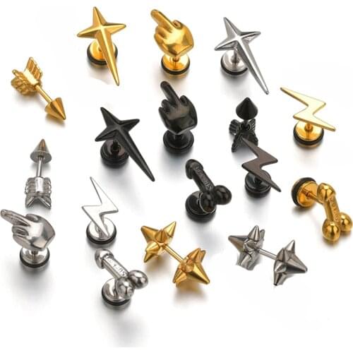 Punk Stainless Steel Earrings For Men Women Gothic Rockets Arrow Stud Earrings Finger Cool Prevent Allergy Gold Puncture Earring