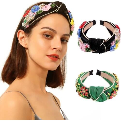 Palace Wide Headband Colorful Faux Crystal Flower Beaded Knot Velvet Hair Hoop