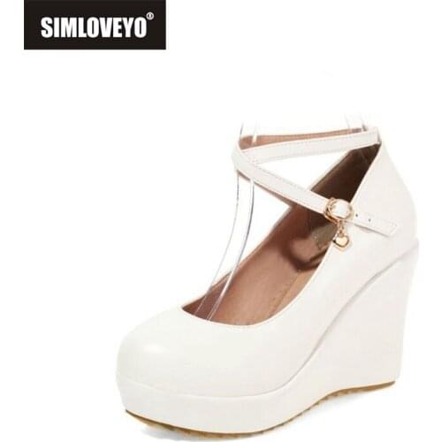 SIMLOVEYO Women New 2021 Nude shoes PU BuckleCasual Party Wedge Platform Heel Spring Autumn Green Plus size 33-43 A3959