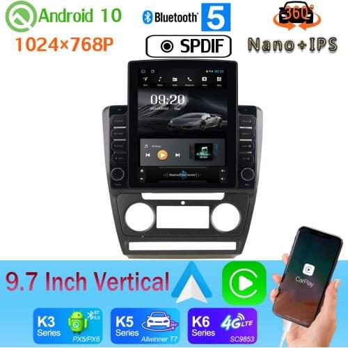 SPDIF Android auto 9.7" Vertical Tesla DSP Android 10 Car Media Radio GPS PX6 4+64G For Skoda Octavia 2007-2014 360 4*AHD Camera