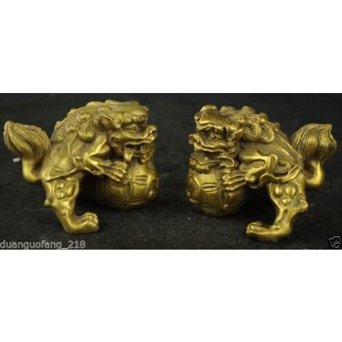 Old China Handwork Brass Carving Dragon Rare Lucky Pair Statue