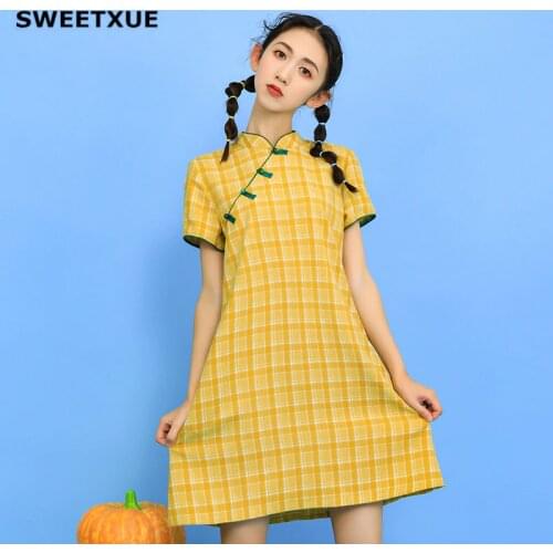 SWEETXUE Yellow Plaid Dress Oblique Collar Micro Loose A-Line Dress Summer Beach Holiday Temperament Casual Dresses