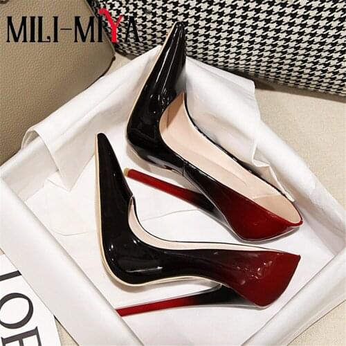 MILI-MIYA Fashion Super High Thin Heels Women Patent Leather Pumps Mixed Color Sexy Pointed Toe Dress Party Shoe Plus Size 35-46