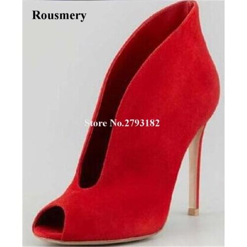 New Fashion Women Open Toe Suede Leather Short Slip-on Boots Red Blue Black Pink Cut-out High Heel Ankle Booties