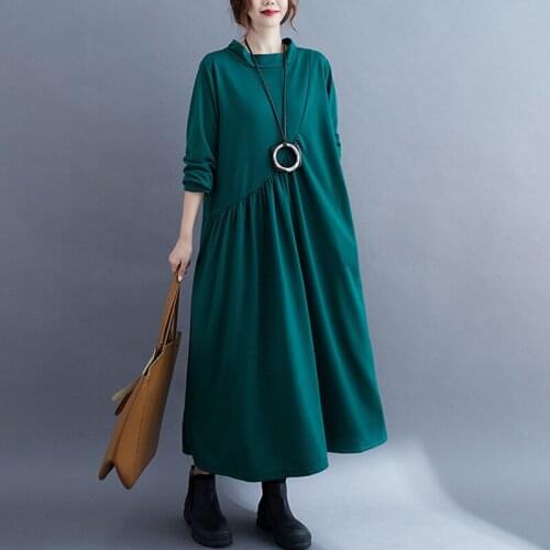 Johnature New Women All Match Dresses 2021 Winter Casual Loose Solid Color O-neck Full Sleeve 5 Colors Female Dress