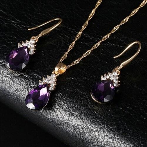 2pc/set Simple Drop Crystal Earring Necklace Elegant Women Inlay Zircon Gold Color Necklace Charm Women Cocktail Party Jewelry