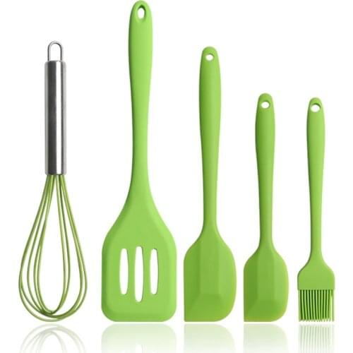 5PCS Hot Silicone Cooking Utensils Set Non-Stick Spatula Shovel Wooden Handle Cooking Tools Set Kitchen Tools Green Kitchen Set