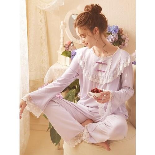 Free Shipping 2020 New Autumn Princess Womens Pajamas Long Pants Purple Pink Sleepwear Royal Nightshirt Vintage CottonNightgown
