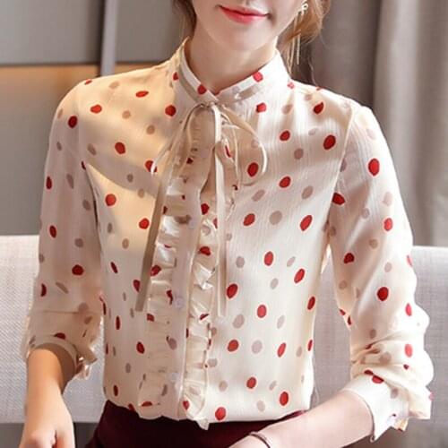 Long Sleeve Women Blouses Shirts Tops Stand Collar Print Dot Chiffon Blouse Shirt Blusas Mujer De Moda 2021 Blouse Women D446