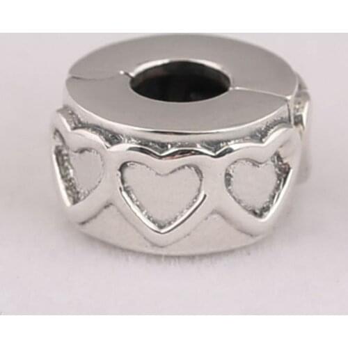 Authentic S925 Bead Row of Hearts Clips Stoppers Charm fit Lady Bracelet Bangle