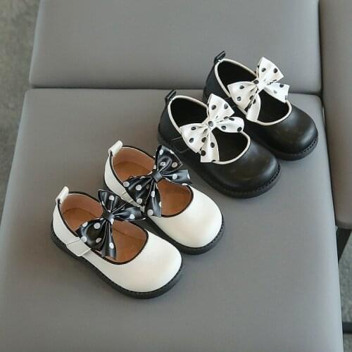 Baby Shoes Girls Cute Leather Shoes Black White Princess Shoe with Bow Autumn Flat Kids Casual Single Shoe SMG215